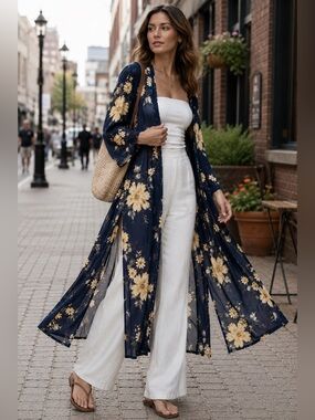 Dynamite Navy Floral Maxi Kimono